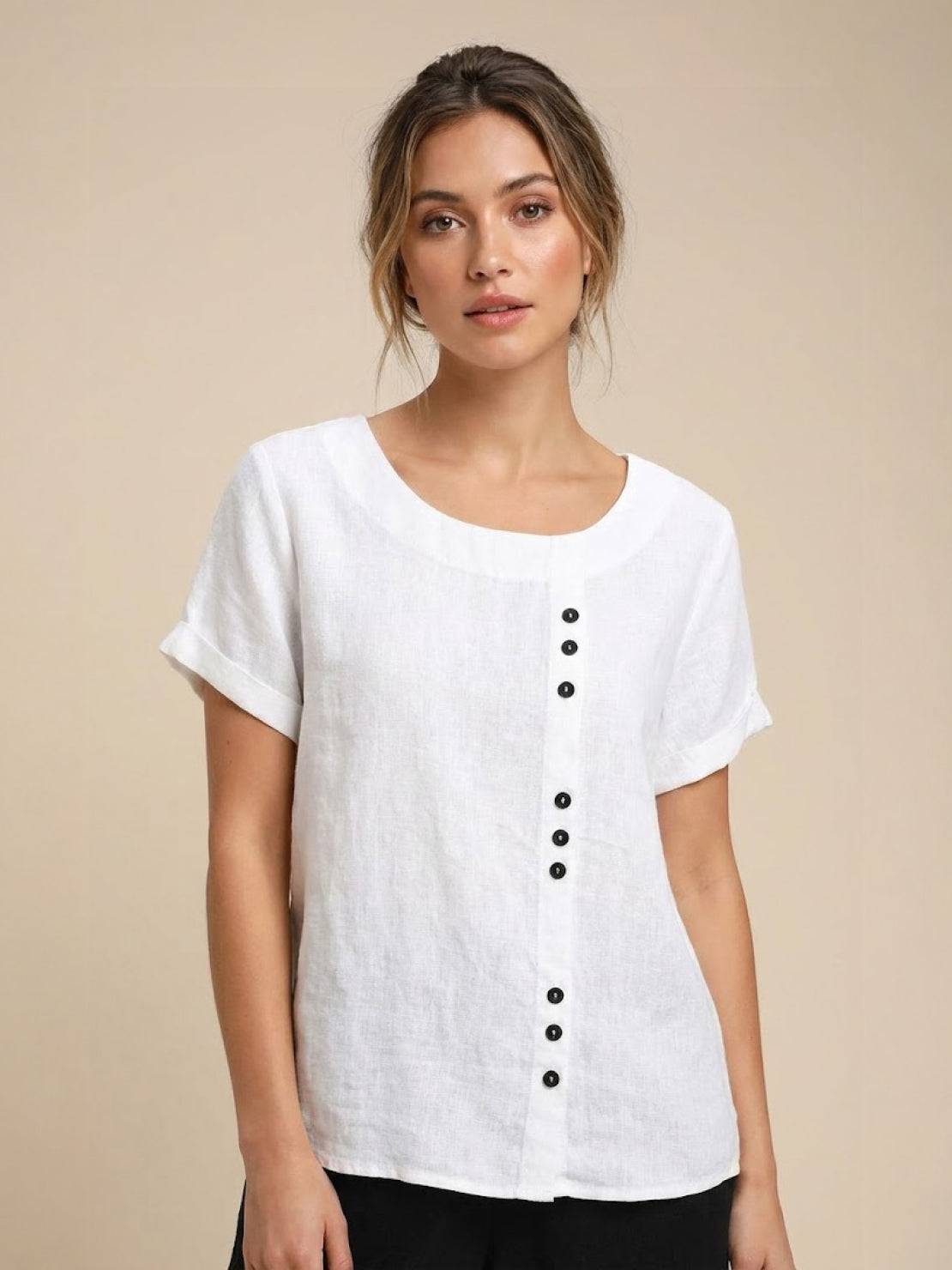 Women's Crew Neck Button Blouse – Relaxed Fit Long Sleeve Blouse