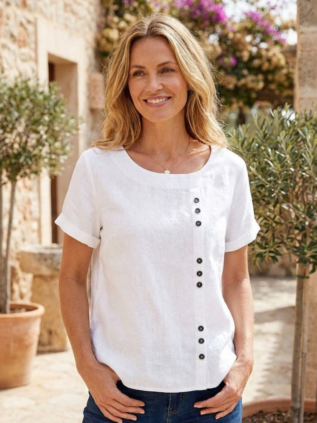 Women's Crew Neck Button Blouse – Relaxed Fit Long Sleeve Blouse