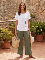 Women's Crew Neck Button Blouse – Relaxed Fit Long Sleeve Blouse