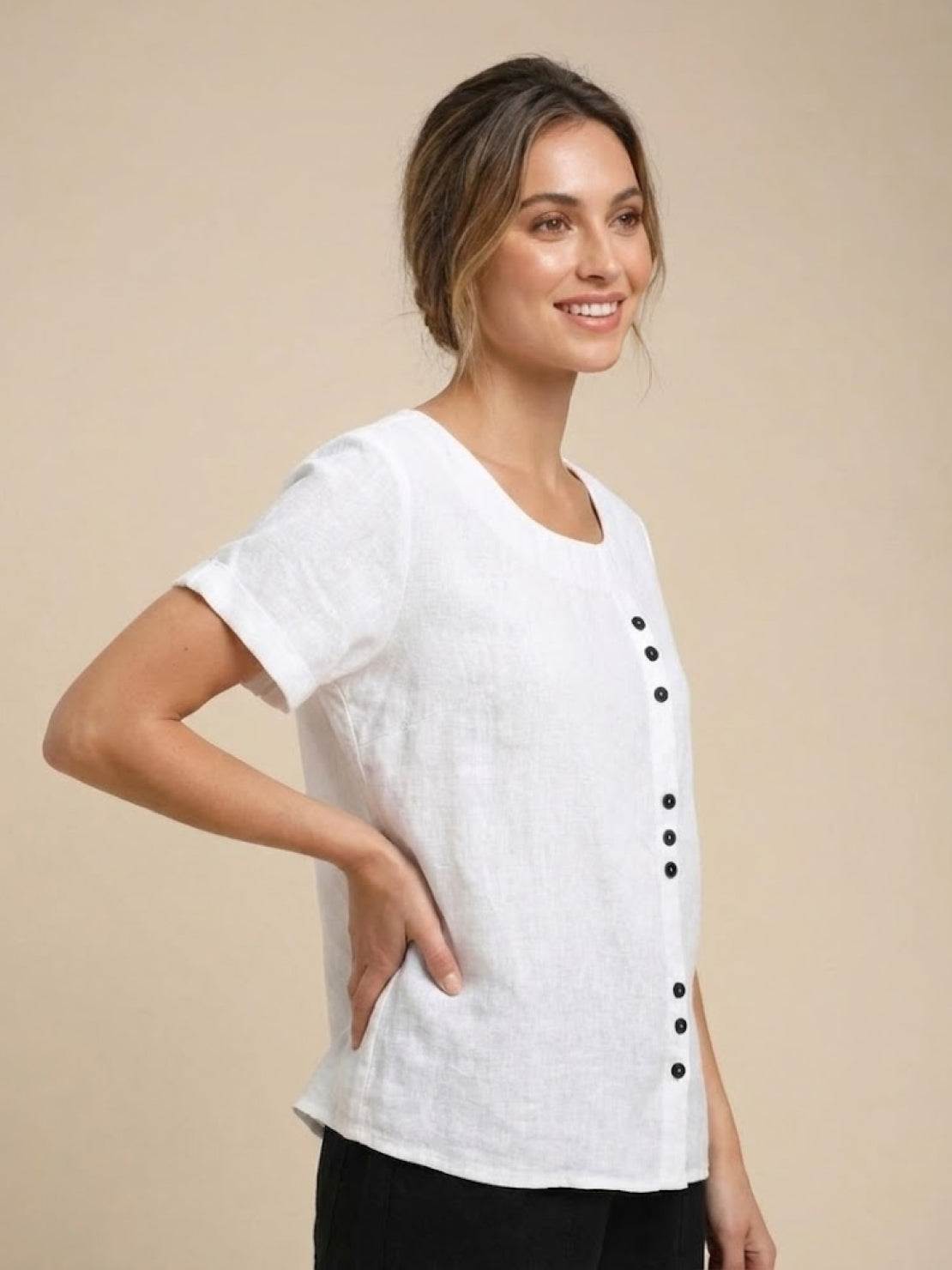 Women's Crew Neck Button Blouse – Relaxed Fit Long Sleeve Blouse