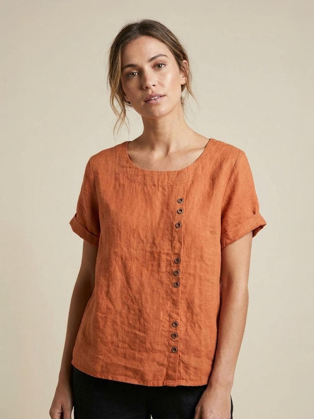 Women's Crew Neck Button Blouse – Relaxed Fit Long Sleeve Blouse