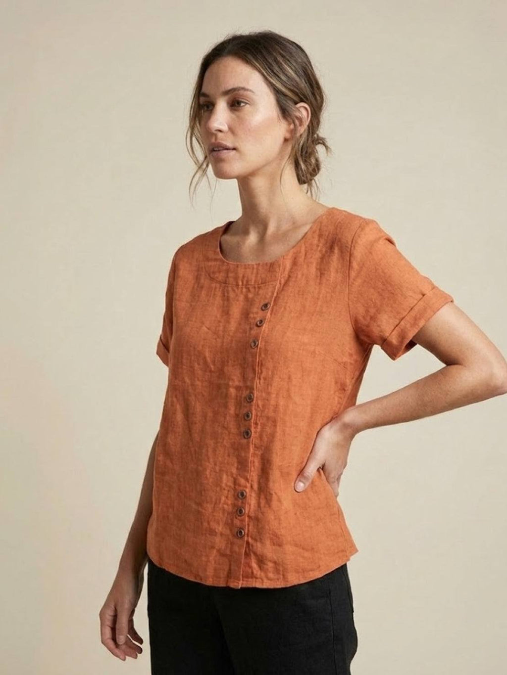 Women's Crew Neck Button Blouse – Relaxed Fit Long Sleeve Blouse
