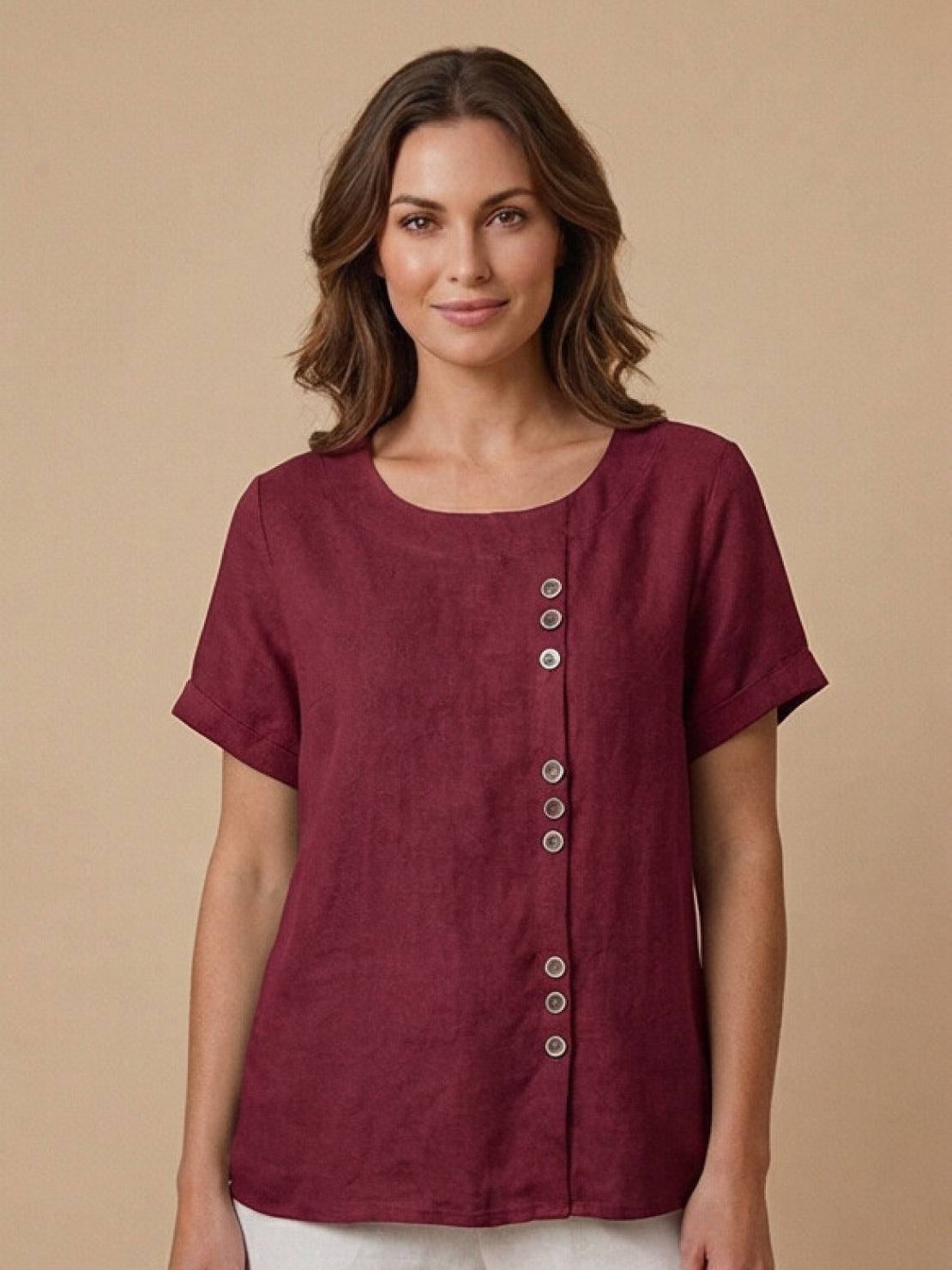 Women's Crew Neck Button Blouse – Relaxed Fit Long Sleeve Blouse