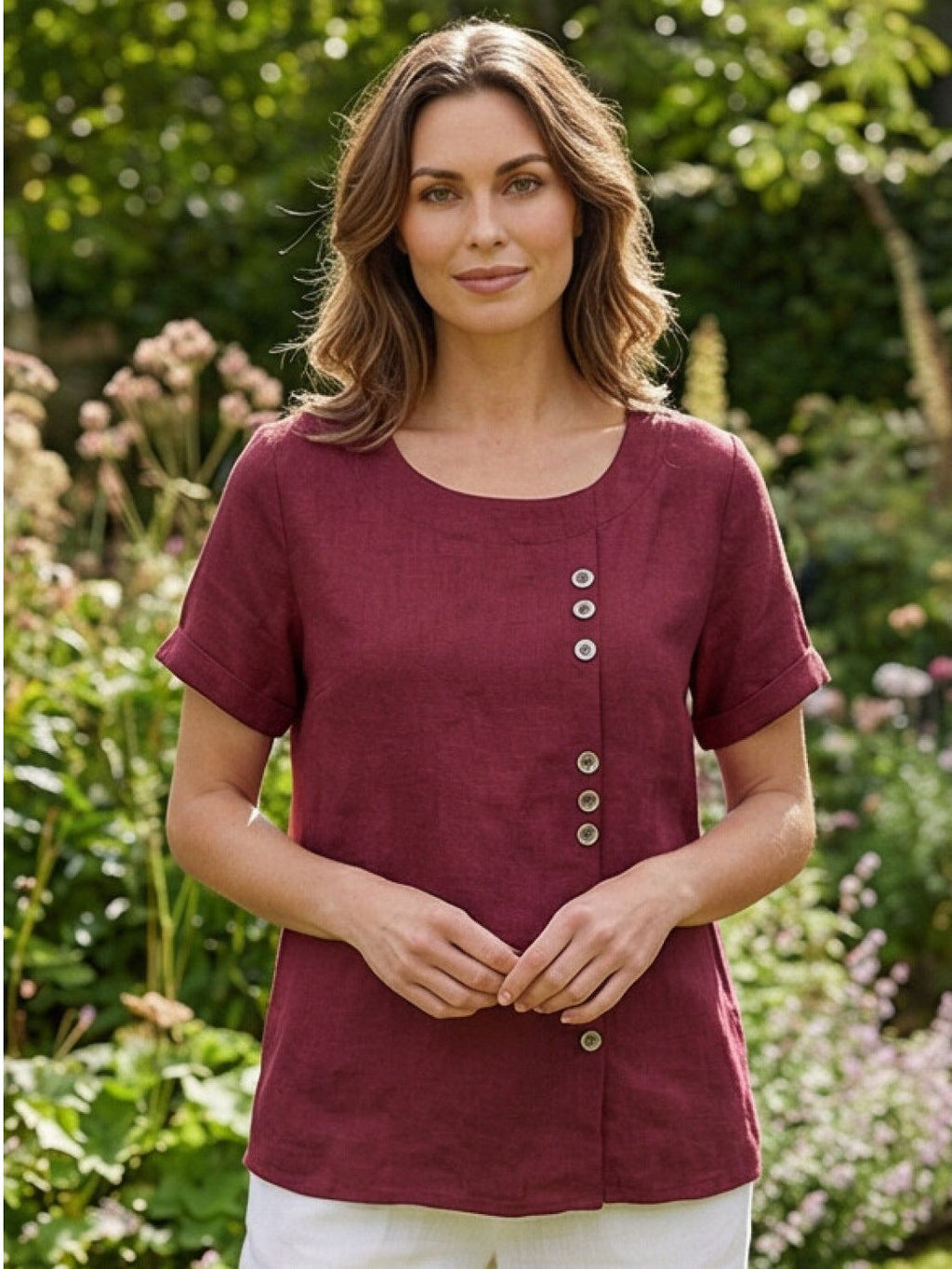 Women's Crew Neck Button Blouse – Relaxed Fit Long Sleeve Blouse