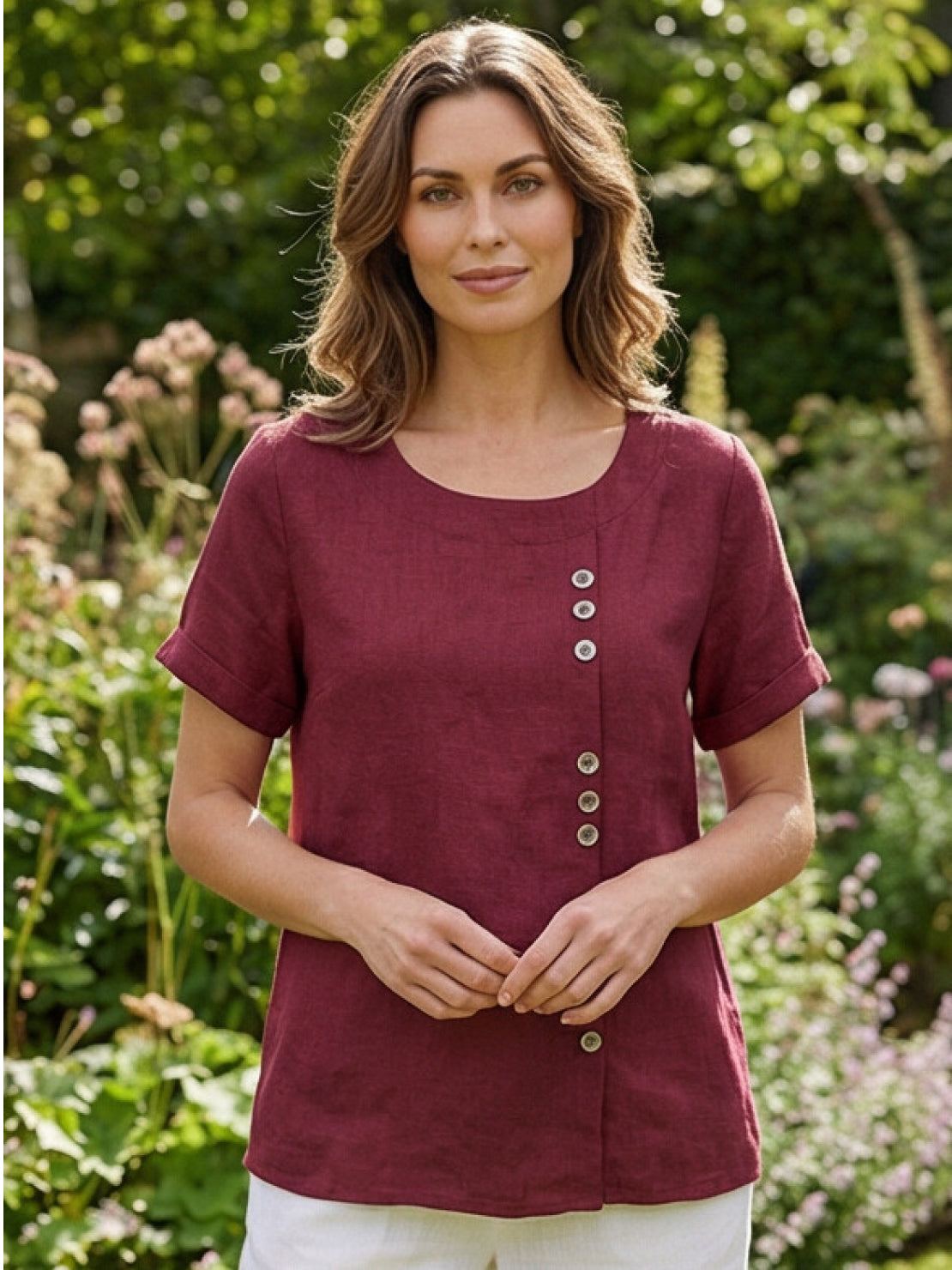 Women's Crew Neck Button Blouse – Relaxed Fit Long Sleeve Blouse