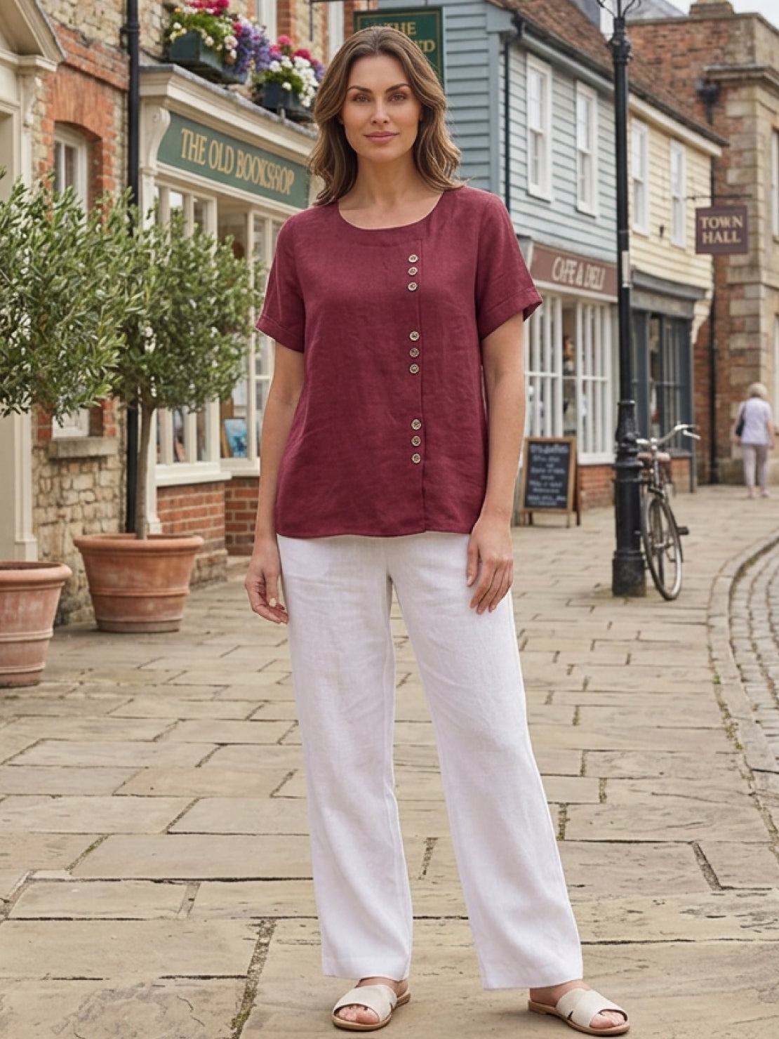 Women's Crew Neck Button Blouse – Relaxed Fit Long Sleeve Blouse