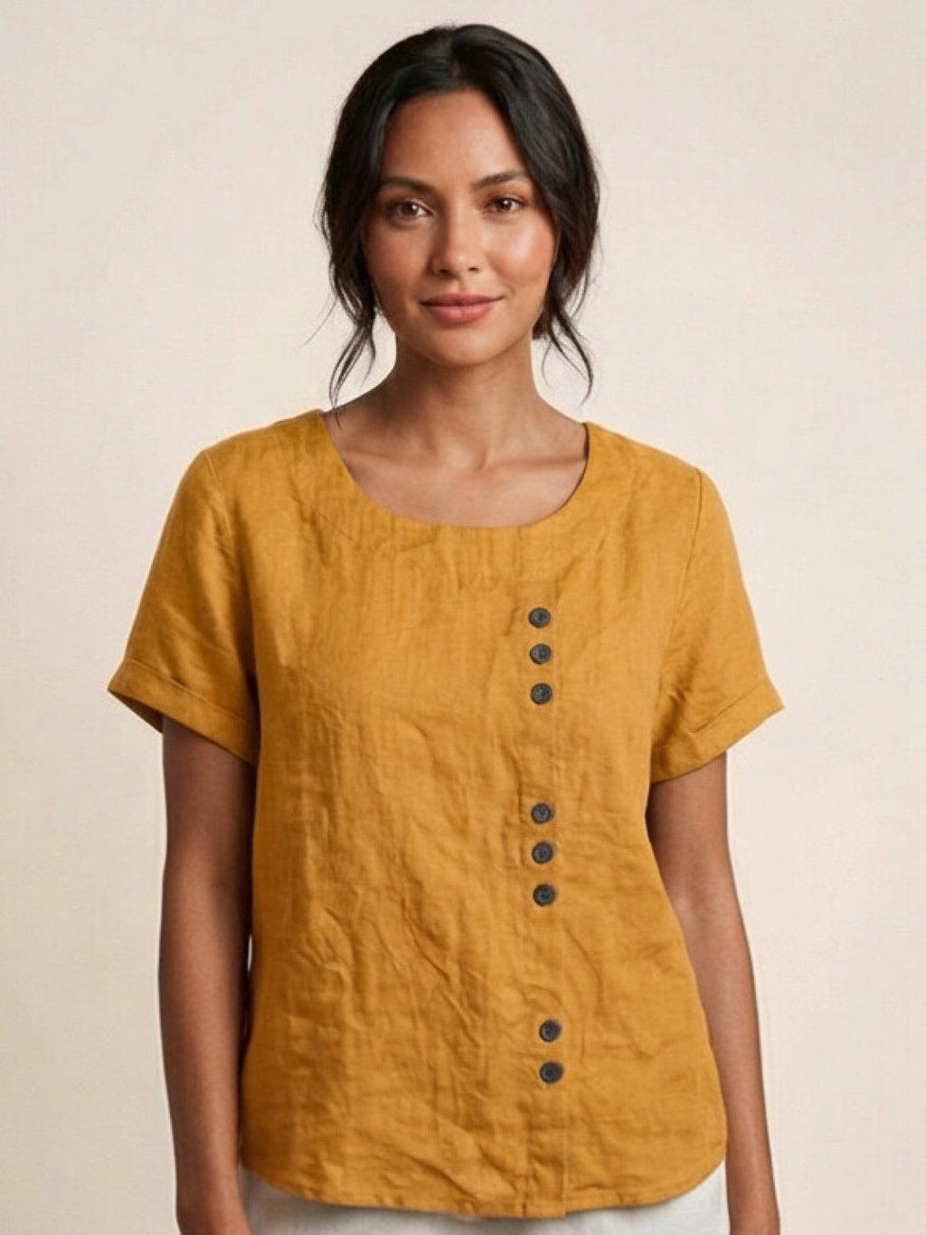 Women's Crew Neck Button Blouse – Relaxed Fit Long Sleeve Blouse