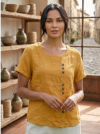 Women's Crew Neck Button Blouse – Relaxed Fit Long Sleeve Blouse