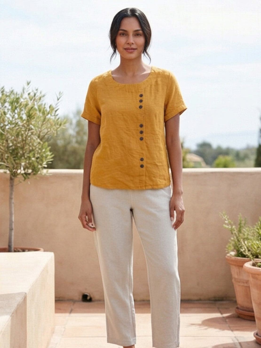 Women's Crew Neck Button Blouse – Relaxed Fit Long Sleeve Blouse