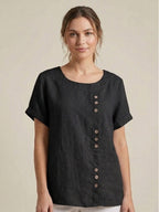 Women's Crew Neck Button Blouse – Relaxed Fit Long Sleeve Blouse