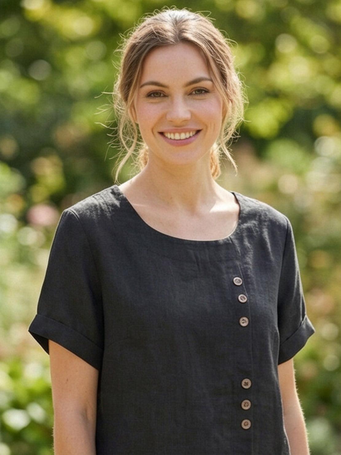 Women's Crew Neck Button Blouse – Relaxed Fit Long Sleeve Blouse