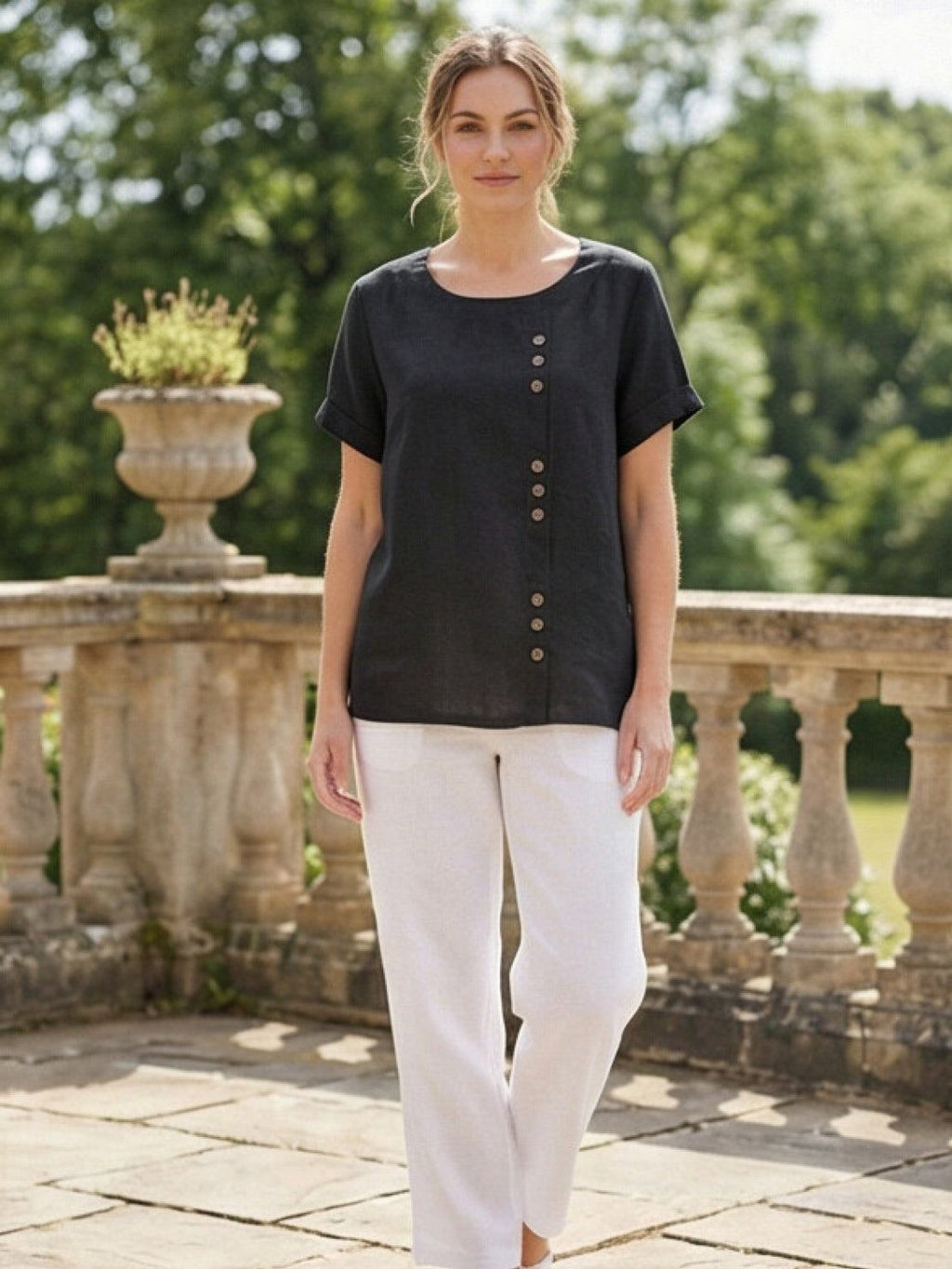 Women's Crew Neck Button Blouse – Relaxed Fit Long Sleeve Blouse