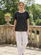 Women's Crew Neck Button Blouse – Relaxed Fit Long Sleeve Blouse