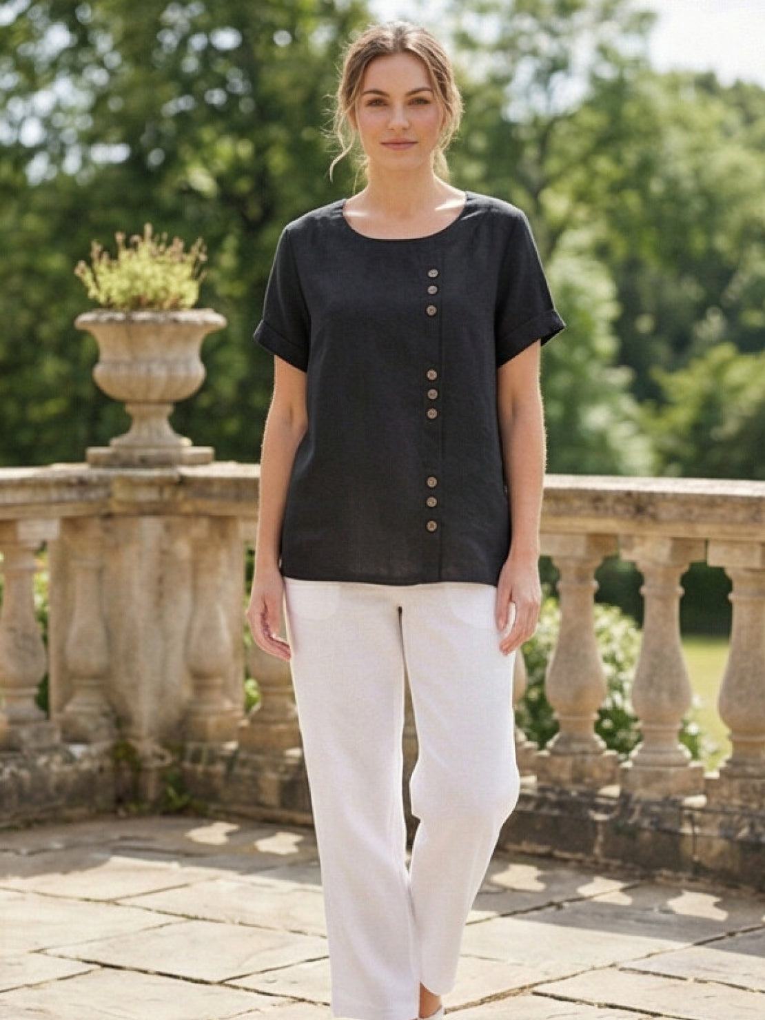 Women's Crew Neck Button Blouse – Relaxed Fit Long Sleeve Blouse