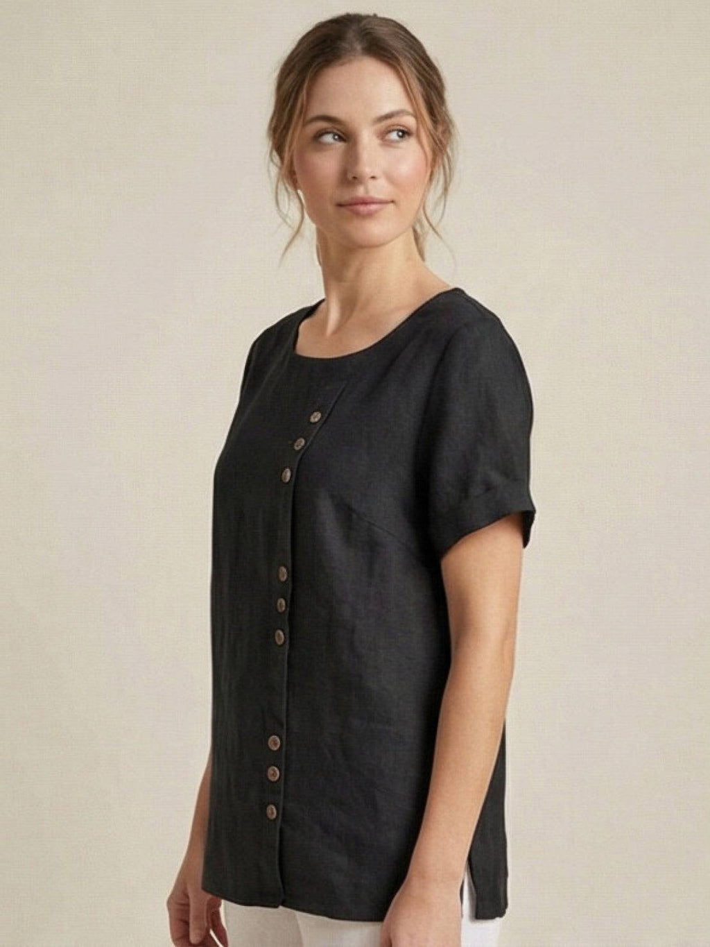 Women's Crew Neck Button Blouse – Relaxed Fit Long Sleeve Blouse