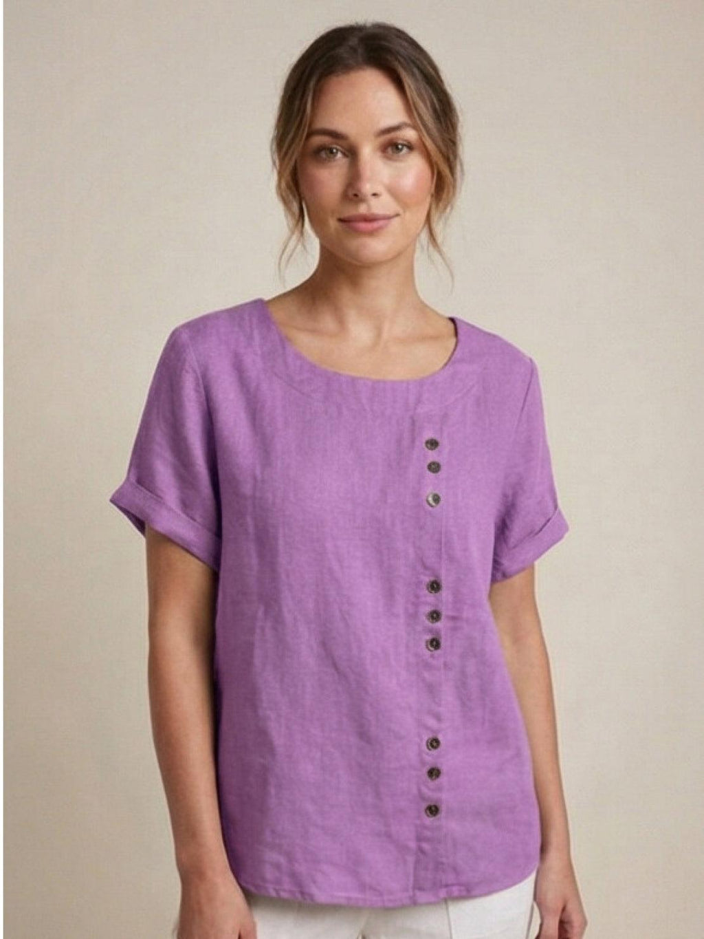 Women's Crew Neck Button Blouse – Relaxed Fit Long Sleeve Blouse