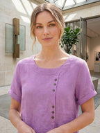 Women's Crew Neck Button Blouse – Relaxed Fit Long Sleeve Blouse