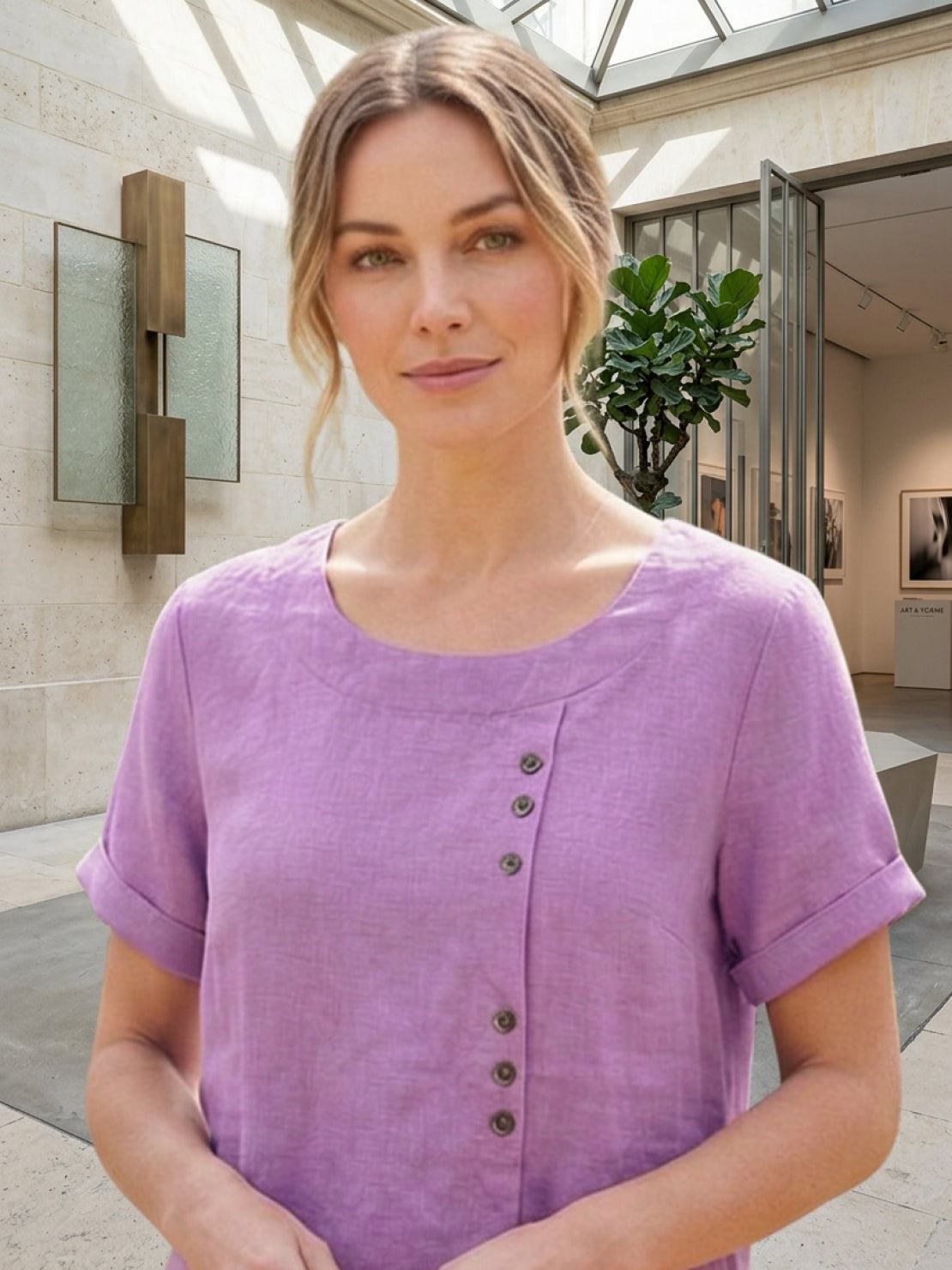 Women's Crew Neck Button Blouse – Relaxed Fit Long Sleeve Blouse