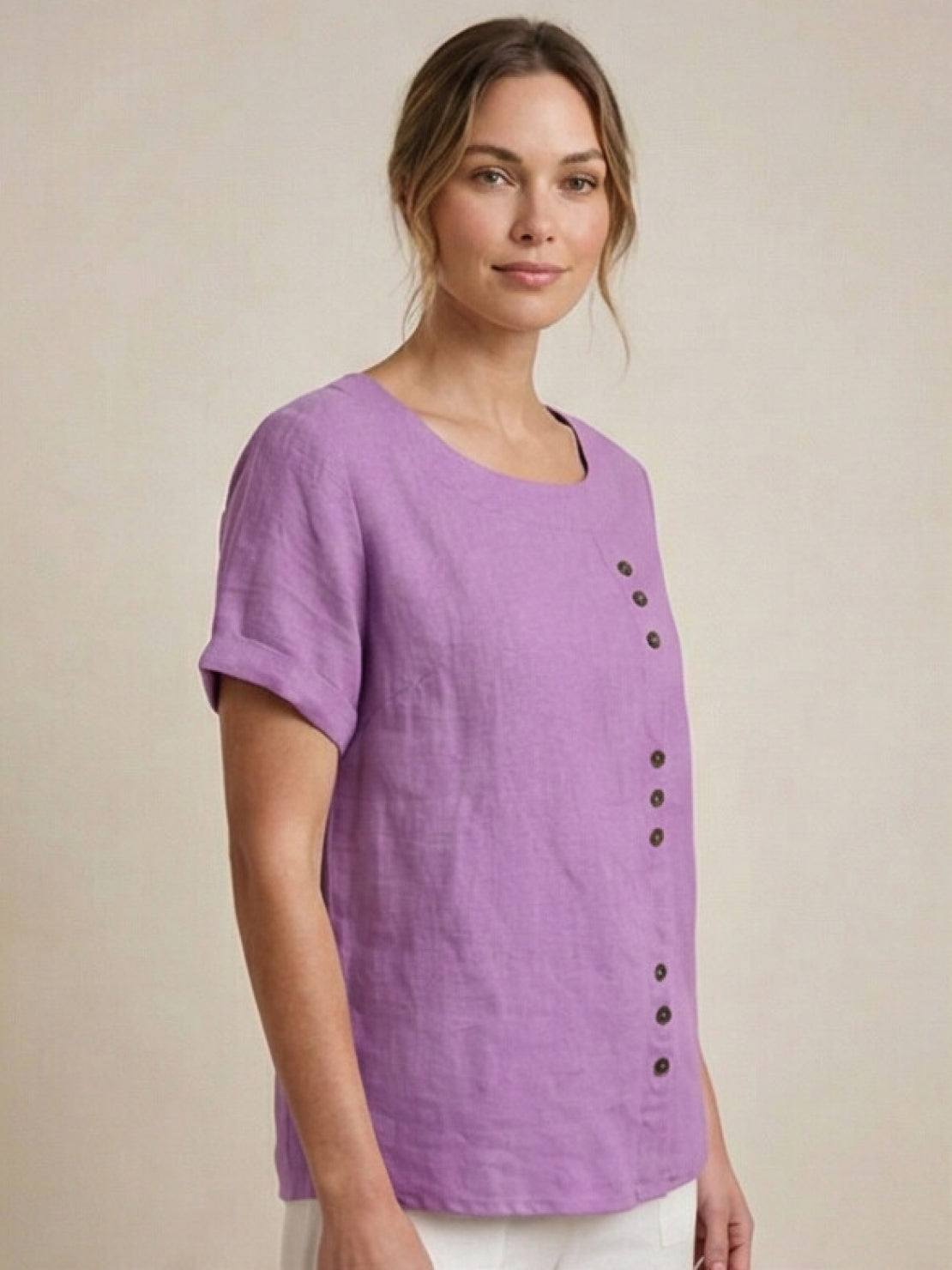 Women's Crew Neck Button Blouse – Relaxed Fit Long Sleeve Blouse
