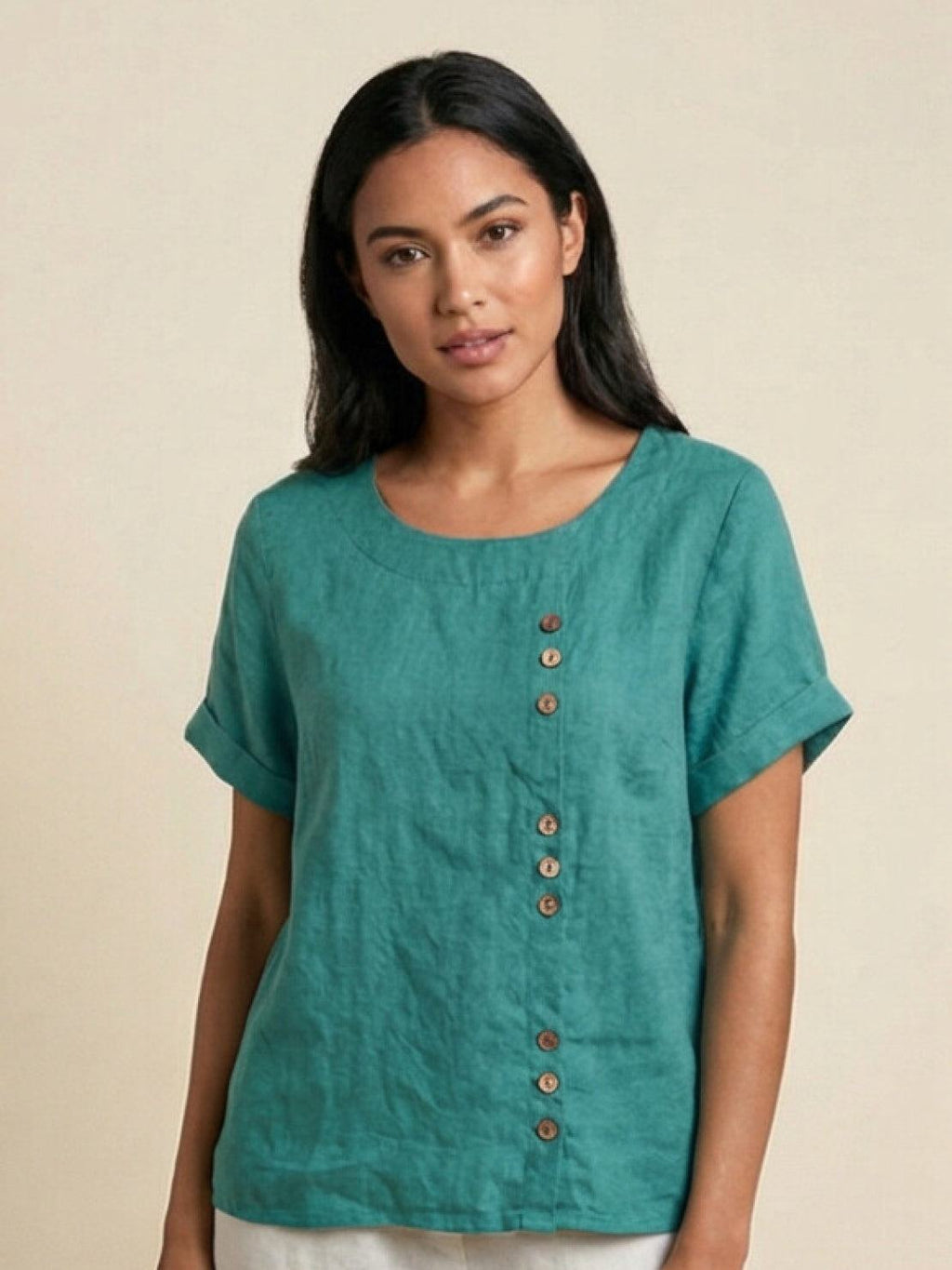 Women's Crew Neck Button Blouse – Relaxed Fit Long Sleeve Blouse