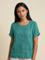 Women's Crew Neck Button Blouse – Relaxed Fit Long Sleeve Blouse