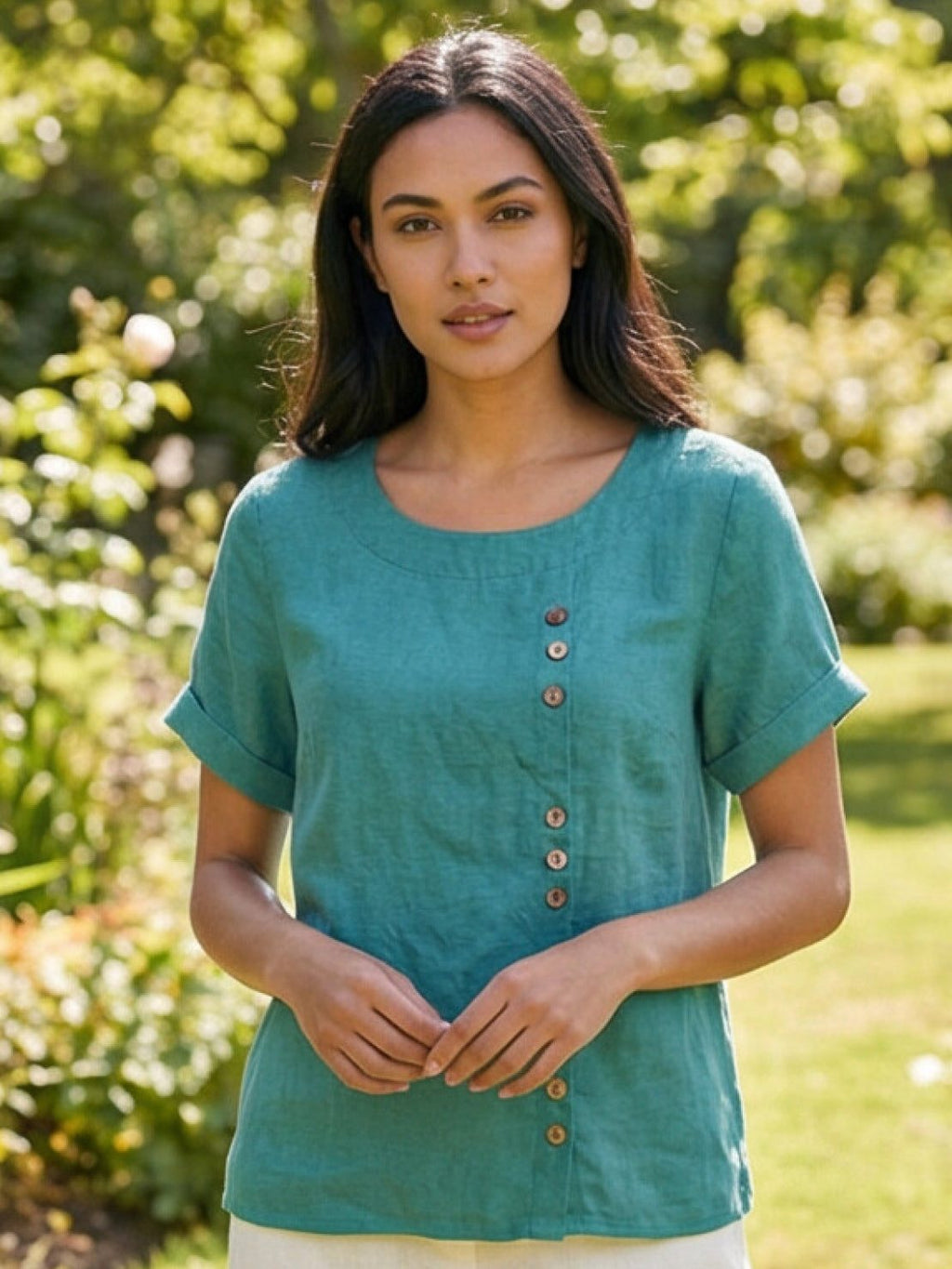 Women's Crew Neck Button Blouse – Relaxed Fit Long Sleeve Blouse