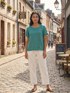 Women's Crew Neck Button Blouse – Relaxed Fit Long Sleeve Blouse