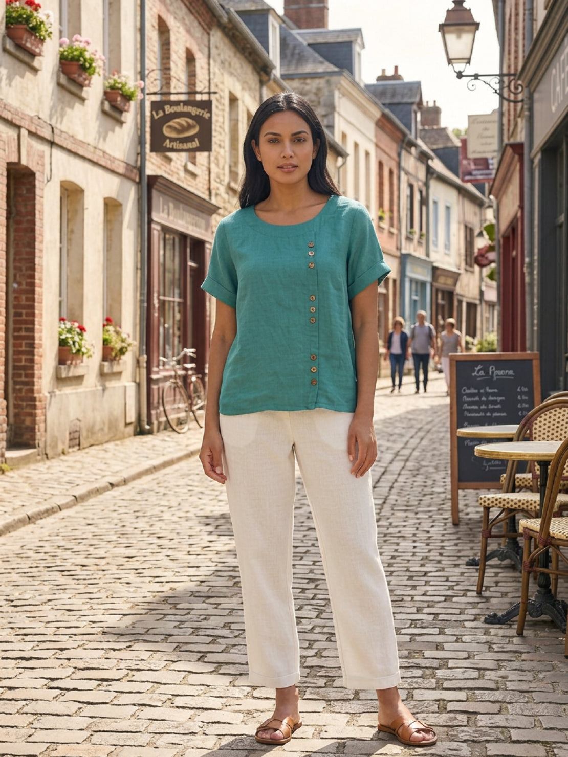 Women's Crew Neck Button Blouse – Relaxed Fit Long Sleeve Blouse