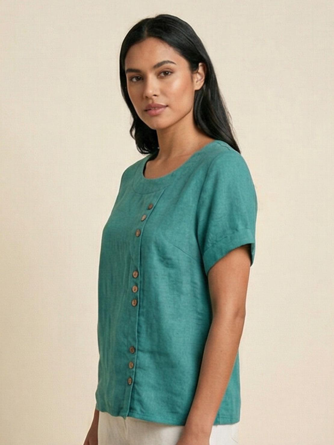 Women's Crew Neck Button Blouse – Relaxed Fit Long Sleeve Blouse