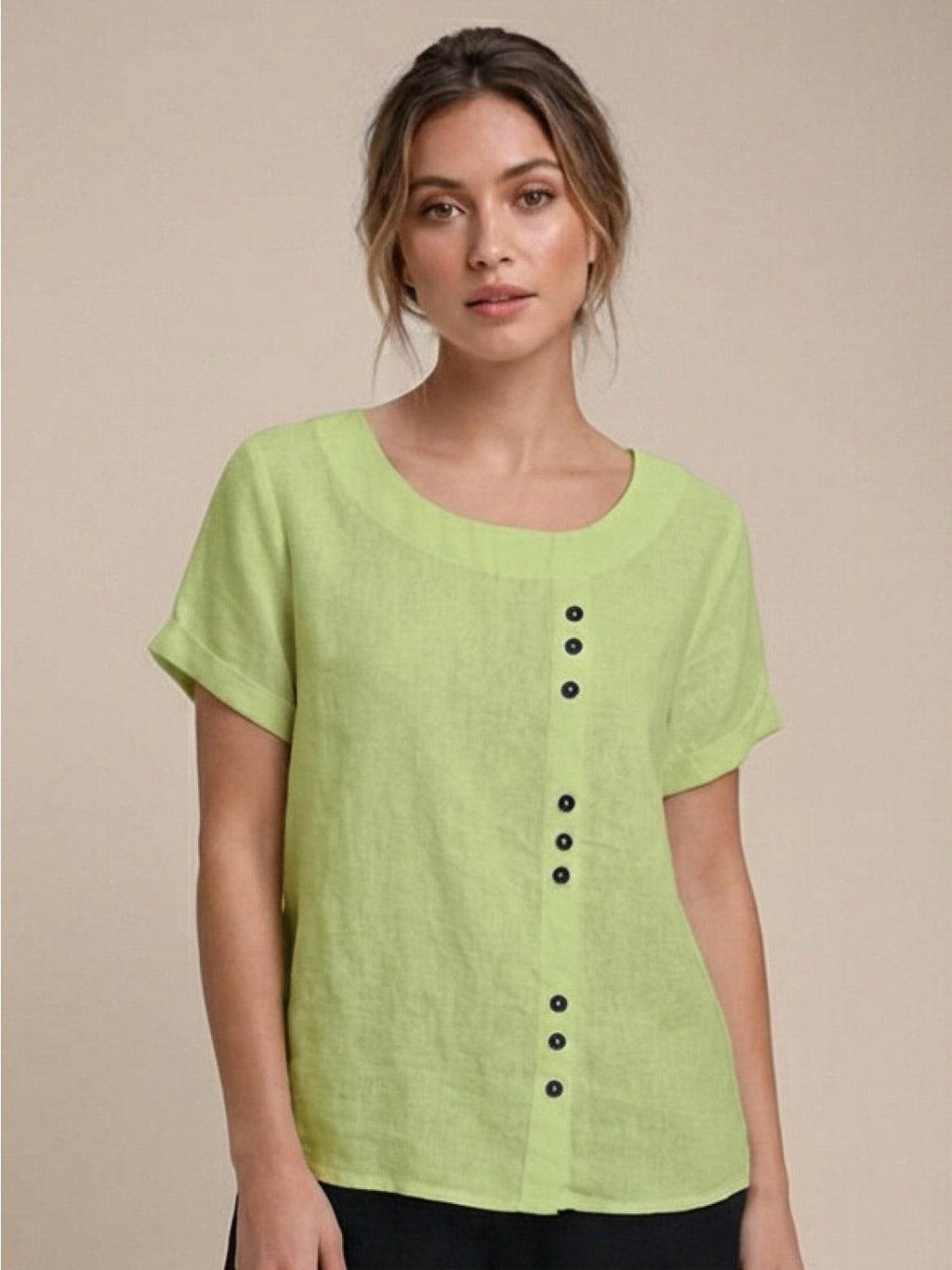 Women's Crew Neck Button Blouse – Relaxed Fit Long Sleeve Blouse
