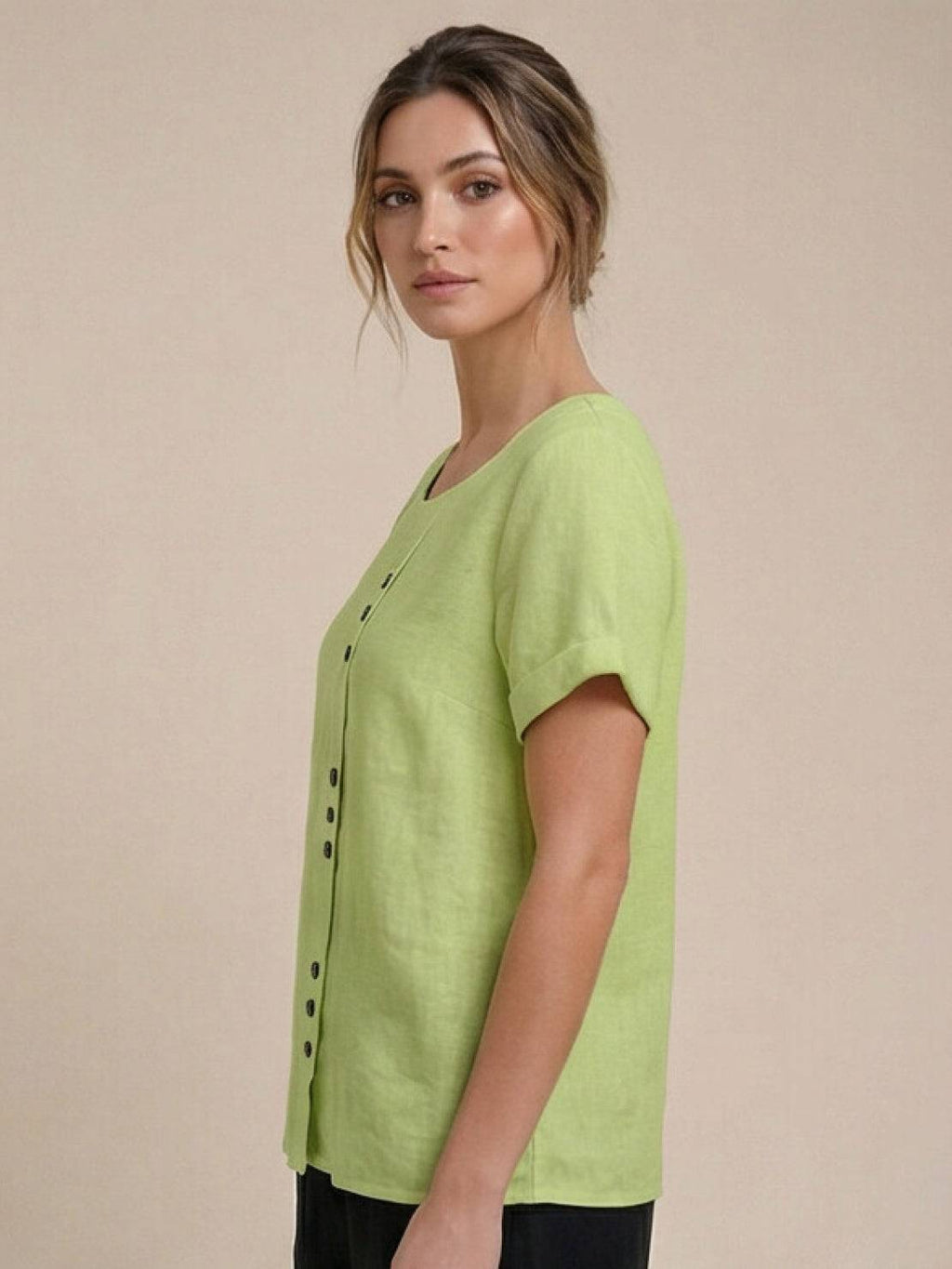 Women's Crew Neck Button Blouse – Relaxed Fit Long Sleeve Blouse