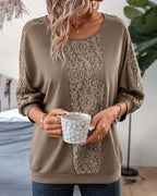 Women's Long Sleeve Lace Detail Blouse – Round Neck Casual Blouse