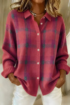 Women's Button Front Plaid Cardigan – Patterned Long Sleeve Knit Cardigan