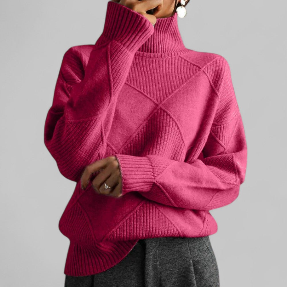 Women's Geometric Roll Neck Sweater – Relaxed Winter Knit Sweater