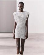 Women's Statement Shoulder Sequin Dress – Sparkle Fitted Party Mini Dress
