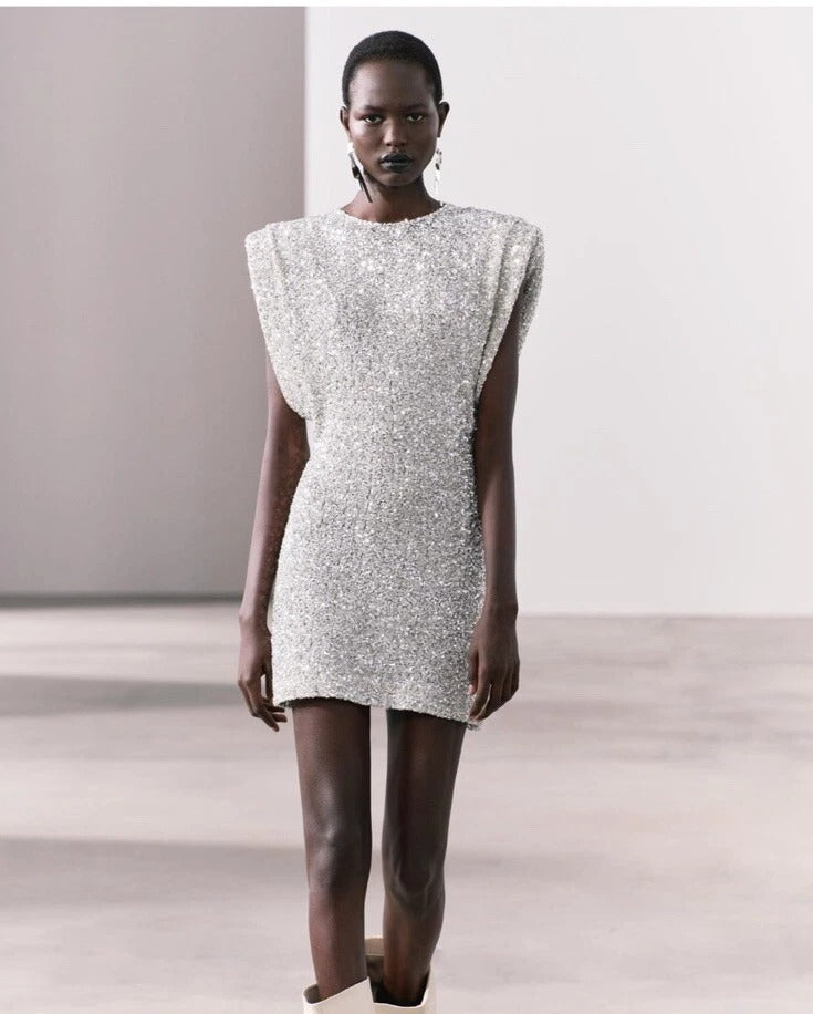 Women's Statement Shoulder Sequin Dress – Sparkle Fitted Party Mini Dress