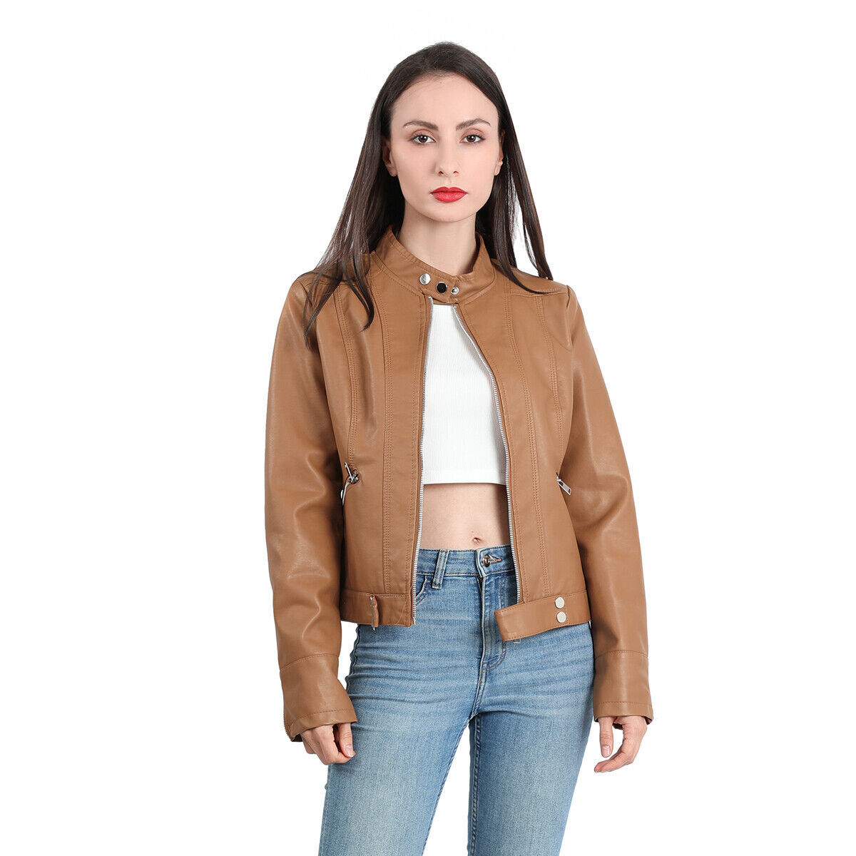 Women's Faux Leather Moto Jacket – Retro Zip-Up Biker Jacket