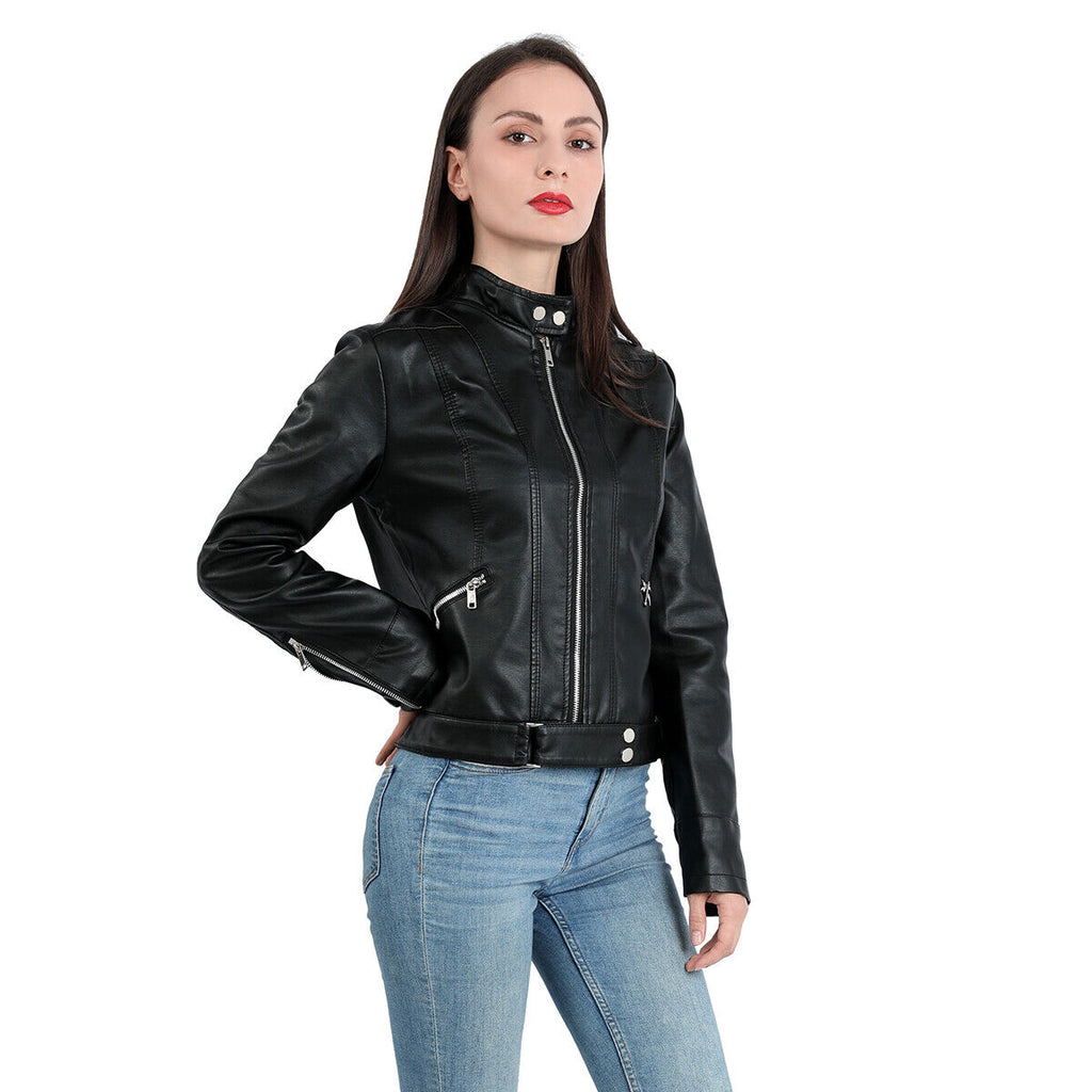 Women's Faux Leather Moto Jacket – Retro Zip-Up Biker Jacket