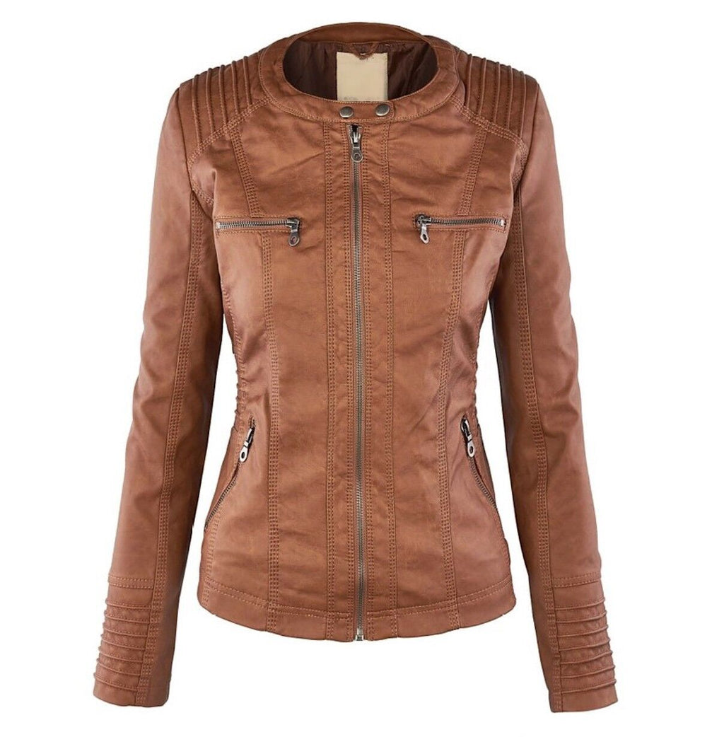 Women's Classic Biker Jacket – Zip-Up Faux Leather Moto Jacket