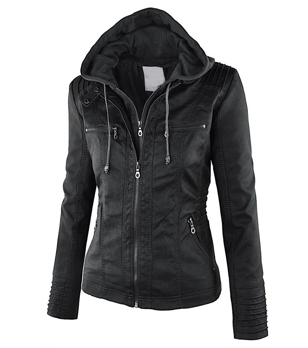 Women's Classic Biker Jacket – Zip-Up Faux Leather Moto Jacket