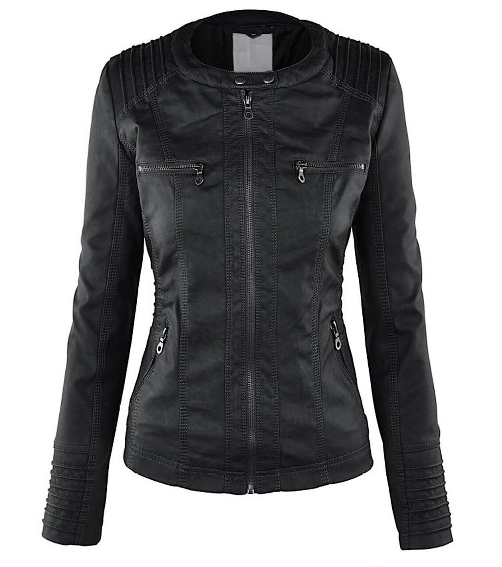 Women's Classic Biker Jacket – Zip-Up Faux Leather Moto Jacket