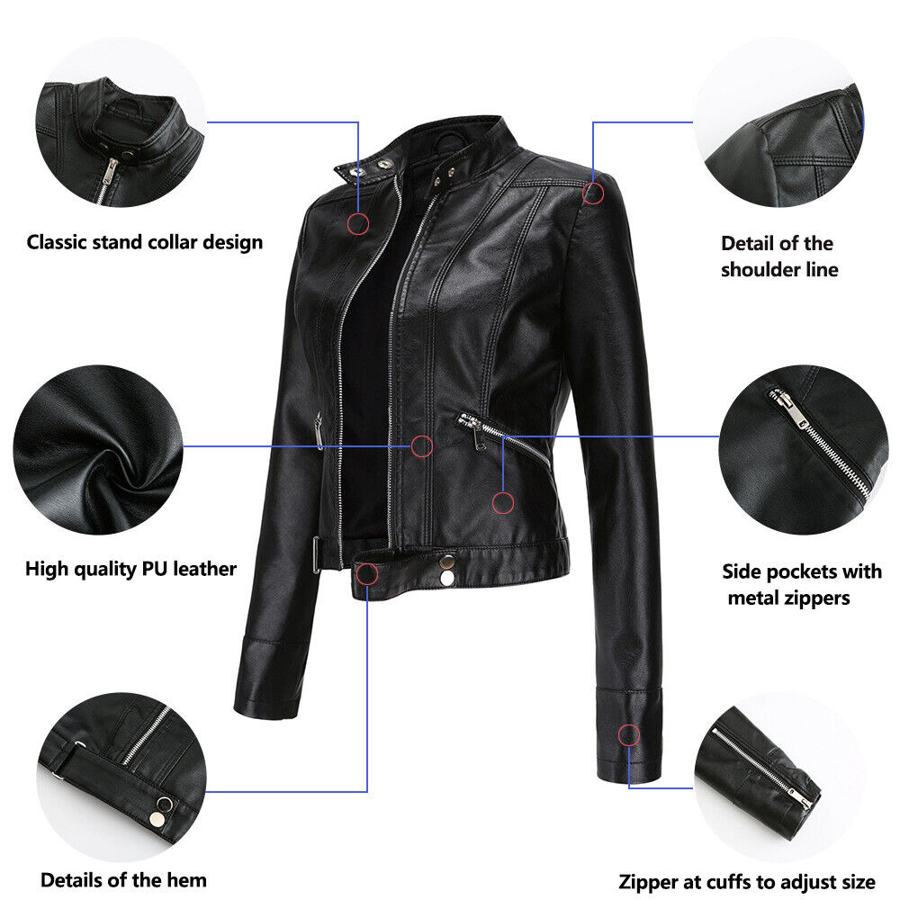Women's Faux Leather Moto Jacket – Retro Zip-Up Biker Jacket
