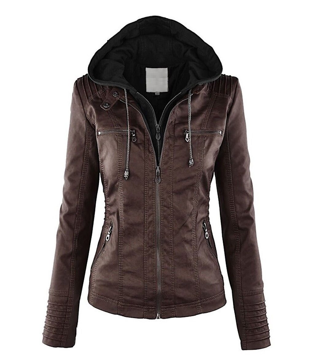 Women's Classic Biker Jacket – Zip-Up Faux Leather Moto Jacket