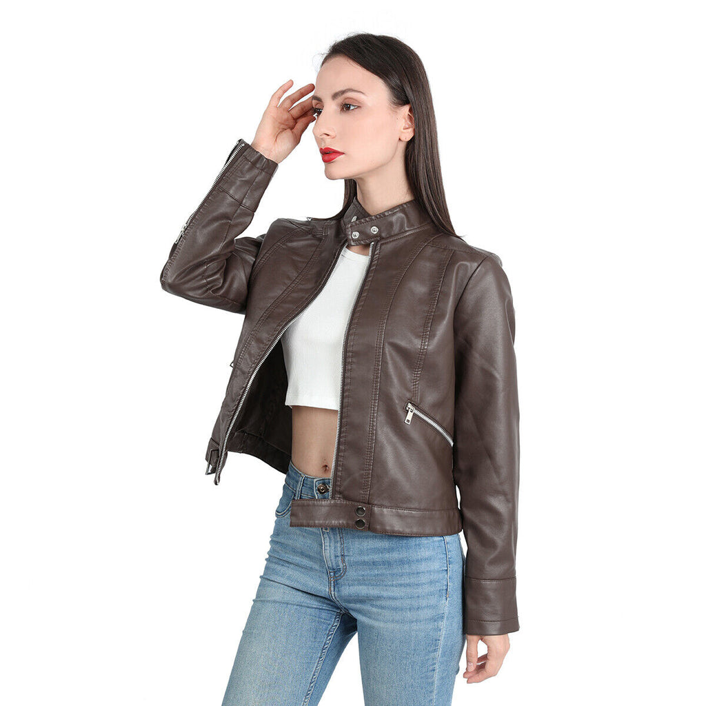 Women's Faux Leather Moto Jacket – Retro Zip-Up Biker Jacket