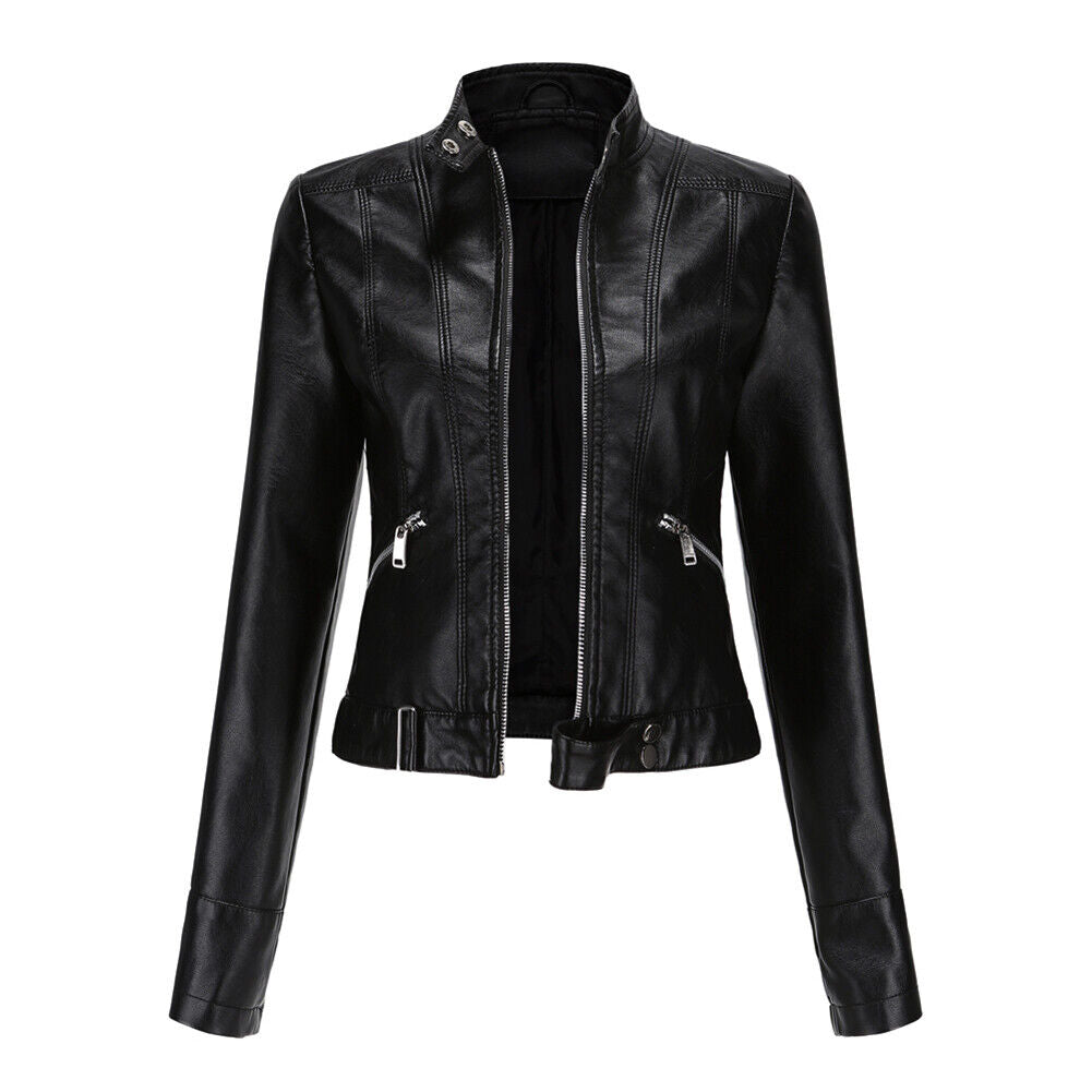 Women's Faux Leather Moto Jacket – Retro Zip-Up Biker Jacket