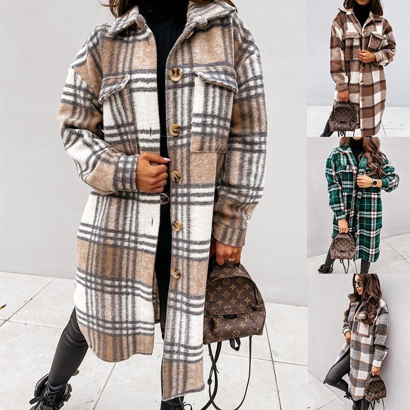 Women's Plaid Winter Coat – Relaxed Long Button Front Overcoat