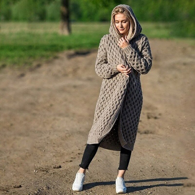 Women's Oversized Winter Cardigan – Hooded Long Sleeve Cardigan