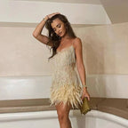 Women's Sequin Feather Mini Dress – Spaghetti Strap Cocktail Party Dress