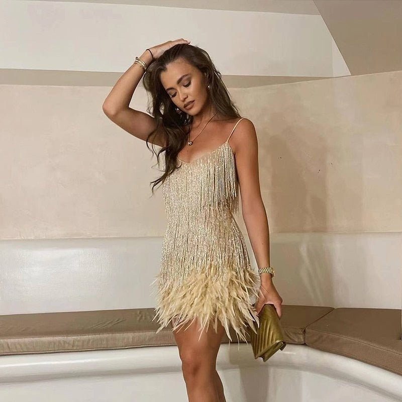 Women's Sequin Feather Mini Dress – Spaghetti Strap Cocktail Party Dress