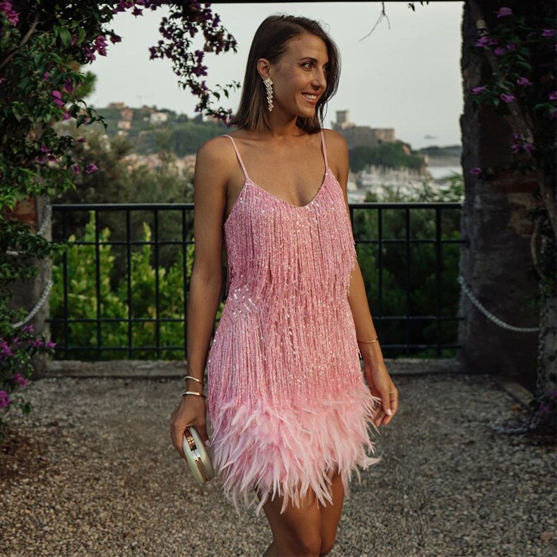 Women's Sequin Feather Mini Dress – Spaghetti Strap Cocktail Party Dress